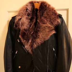 7 for all Mankind Leather Biker Jacket, Black with Real Detachable Fur Trim XS
